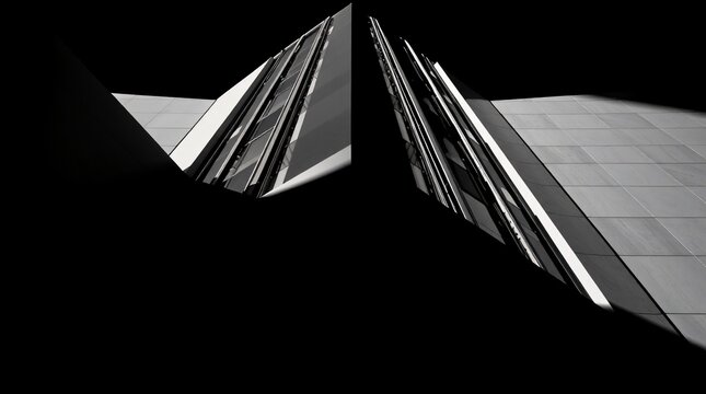 Fototapeta Geometric Reflections: A minimalist black and white photo of a mirrored building facade creating a striking geometric composition.