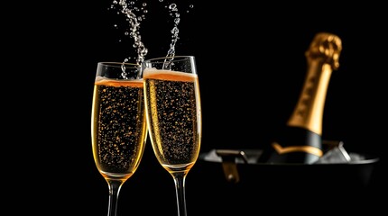 Celebrating Success: Two Champagne Flutes Toast the Night. Two elegant champagne flutes clinking, with a bottle in an ice bucket in the background, creating a sophisticated and celebratory scene. 