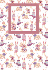 Fototapeta premium Toy hares and rabbits on a white background. Delicate spring seamless provence pattern. Easter holiday. Hand drawn watercolor pastel colors illustration wallpaper.
