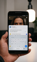 a hand of a man, male hand, holding a handy smartphone in hand, display screen, online or social media, reading new information on the internet or searching social media