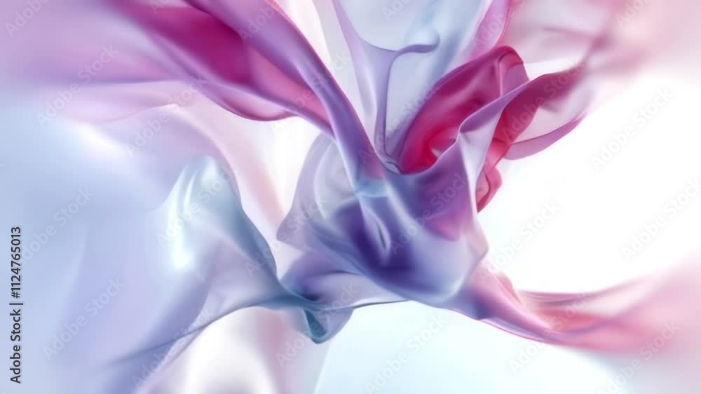 Leinwandbilder Animation of smoothly moving translucent fabric bending and twisting into dynamic shapes. Pastel shades of pink, purple and white create a harmonious palette. Delicate gradients and light accents enha