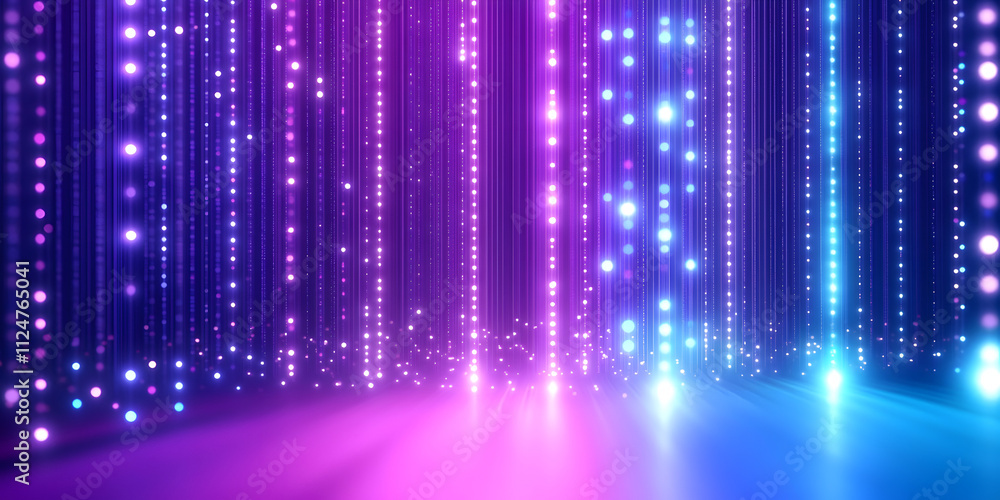 Poster purple and blue gradient lights arranged in vertical lines with glowing dots, creating an abstract f