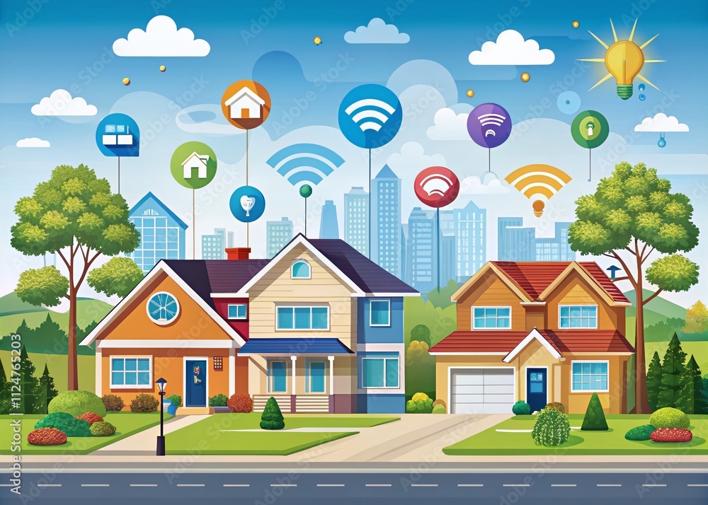 Poster a vibrant suburban neighborhood illustrating modern connectivity with technology symbols in a connec