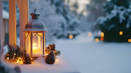  A glowing winter lantern placed on a snowy porch with pinecone decorations (2)