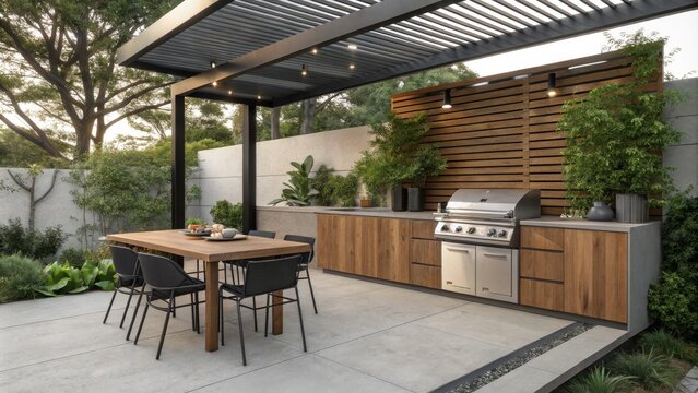 Modern Outdoor Kitchen Wood and Metal Design, Lush Greenery, Pergola Setting
