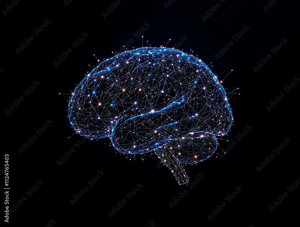 Poster glowing neural network brain illustration with circuit connections in futuristic digital style