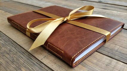 Leather-Bound Book Gift Gold Ribbon, Wooden Background