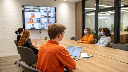 Hybrid Meeting Masked Team, Video Conference, Modern Office