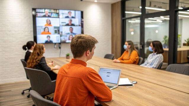 Hybrid Meeting Masked Team, Video Conference, Modern Office