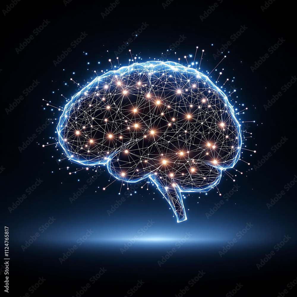 Poster glowing neural network brain illustration with circuit connections in futuristic digital style
