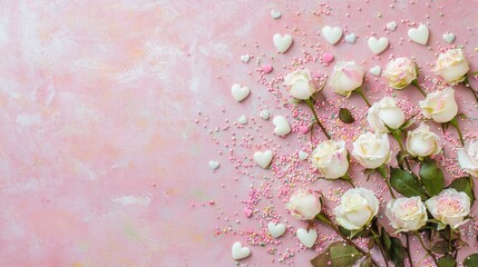 Mothers Day theme: White and pink rosebuds, small hearts, and sprinkles on a pastel pink background with space for text