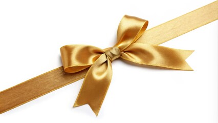 Golden Satin Ribbon Bow Diagonal Composition, White Background