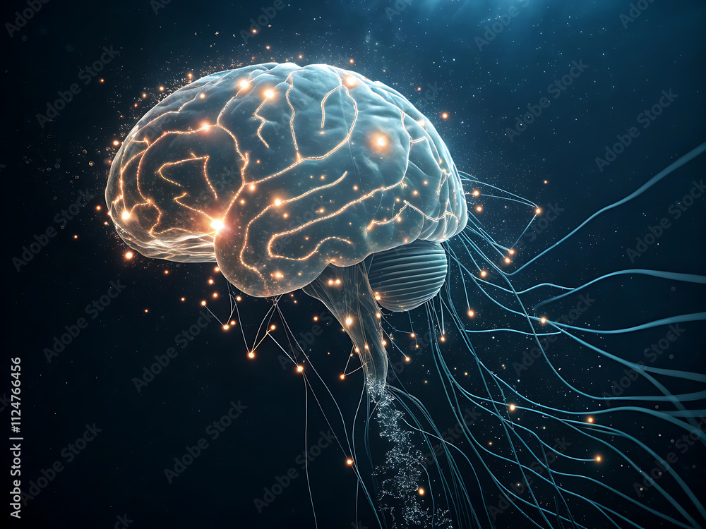 Poster glowing neural network brain illustration with circuit connections in futuristic digital style
