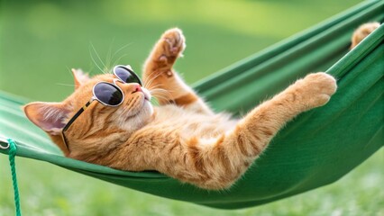 Obraz premium Ginger Cat in Green Hammock with Sunglasses Relaxing Summer Concept