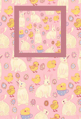 Rabbits, chickens, festive eggs on a pink background. Easter flat hand drawn wallpaper illustration. Cute spring provence seamless pattern