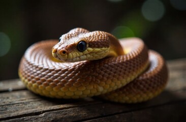 Fototapeta premium Close-up of a brown and yellow snake coiled on a branch with vivid scales and focused eyes