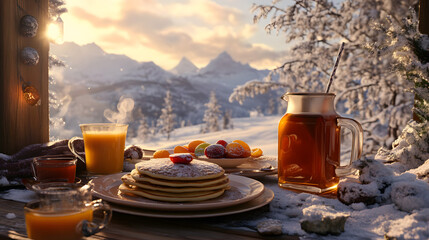  A warm breakfast scene with pancakes, syrup, and hot drinks, surrounded by a snowy view (2)