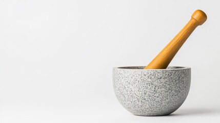 Elegant Stone Mortar and Pestle Set with Wooden Handle Isolated on Clean Background for Kitchen and Culinary Use, Ideal for Herbs and Spices Grinding