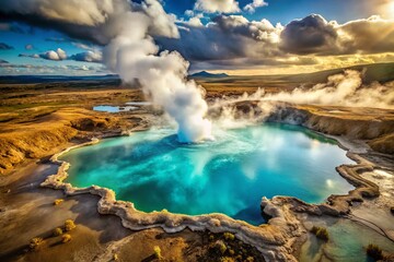 Fototapeta premium Geothermal Hot Spring Aerial View, Steam Rising, Volcanic Landscape, Iceland, Geothermal Energy, Natural Wonder