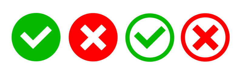 Obraz premium Yes or no symbol, approved or rejected icon for user interface. Green check mark and red cross. Correct or incorrect icons.