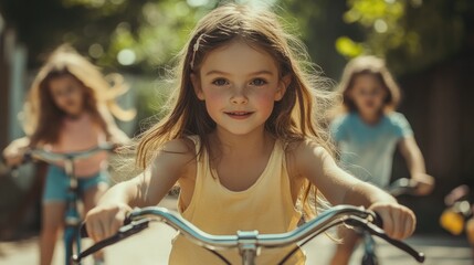 Fototapeta premium A young girl is seen riding a bike with other children in the background. This image can be used to depict childhood activities and outdoor play.