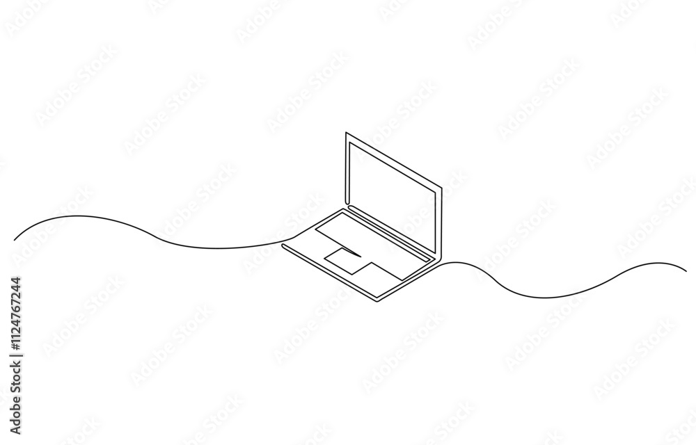 Poster single line drawing of laptop gadget isolated on white background, abstract one line drawing of lapt