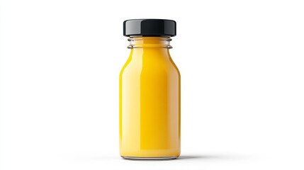 Clear glass bottle filled with vibrant orange juice, featuring a black cap, isolated on a clean white background for food and beverage photography