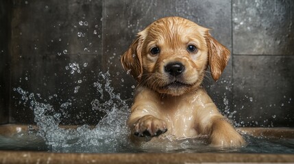 A wet and happy Labrador puppy playing in a bathtub, splashing water joyfully, with ample room for text above.