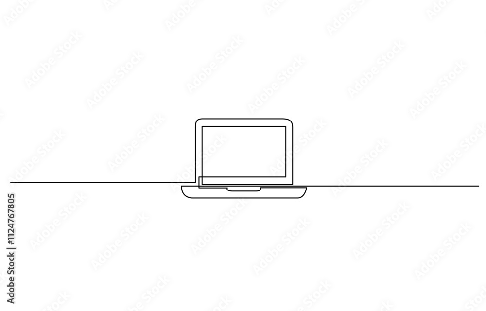 Poster single line drawing of laptop gadget isolated on white background, abstract one line drawing of lapt