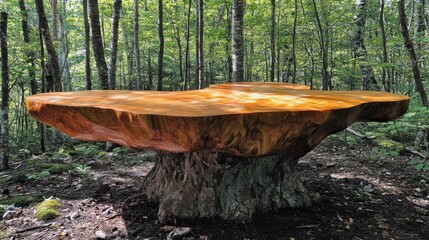 A wooden stump in the midst of a green forest, offering a natural desk-like surface for outdoor inspiration.