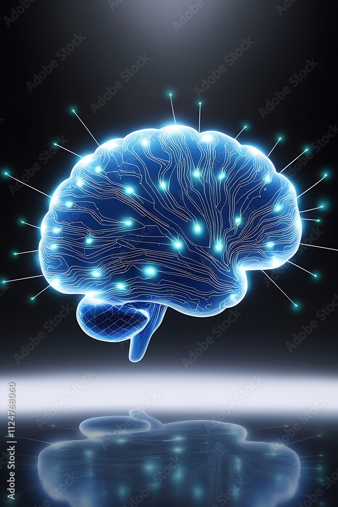 Poster glowing neural network brain illustration with circuit connections in futuristic digital style