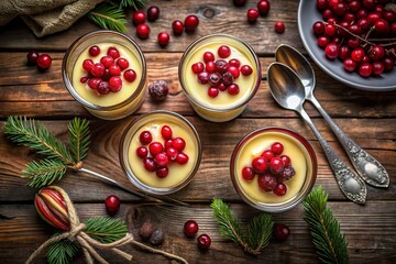 Indulgent Vanilla Pudding Cups with Cranberries on Rustic Wooden Surface - Captivating Low Light Photography for Culinary Delights and Dessert Inspiration