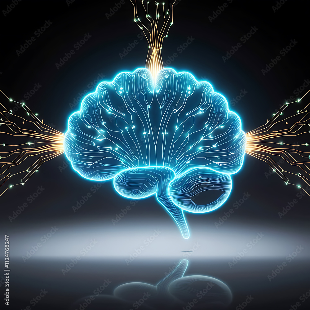 Aufkleber glowing neural network brain illustration with circuit connections in futuristic digital style