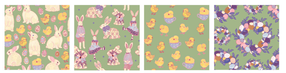 Chickens and rabbits on a green background. Set of delicate spring seamless Provence pattern. Easter holiday collection. Hand drawn watercolor pastel colors illustration wallpaper.
