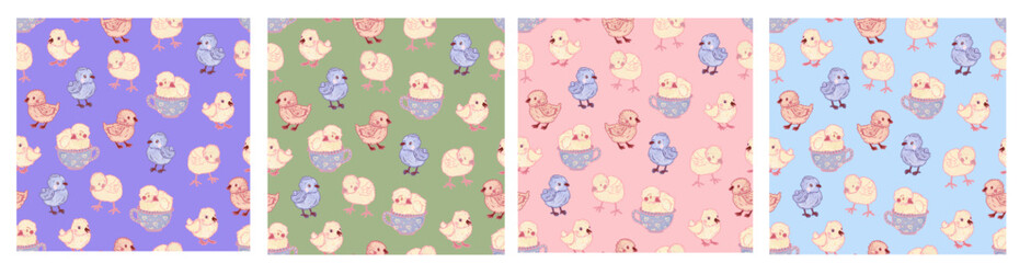 Obraz premium Easter chicks. Set of four Provence seamless patterns in pastel colors. Hand drawn bird illustration for fabric, textile, festival cards