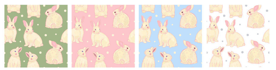 White Easter bunnies. Set of four Provence seamless patterns. Hand drawn illustration of cute animals for fabric, textile, festival cards