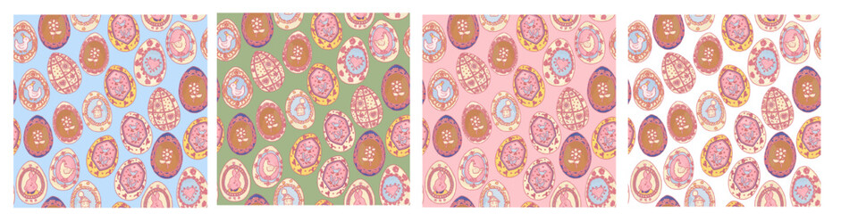 Painted festive eggs on a different color background. Easter flat hand drawn wallpaper illustration. Cute spring Provence seamless pattern set