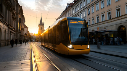 Obraz premium A tram moving through a European city street, passing by old buildings with people waiting at the station. Tram in city street.