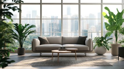 Fototapeta premium Modern living room featuring large windows, plants, and comfortable furniture overlooking a city skyline highlighting urban lifestyle with greenery
