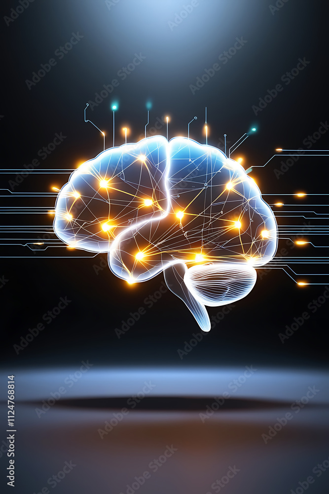 Poster glowing neural network brain illustration with circuit connections in futuristic digital style