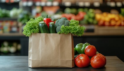 Mockup blank template craft package filled with vegetables in a grocery store setting. Eco friendly