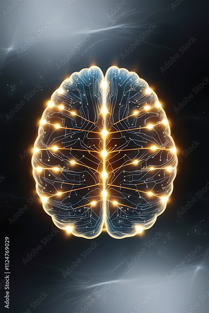 Poster glowing neural network brain illustration with circuit connections in futuristic digital style