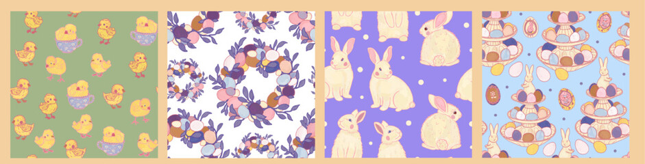 Easter illustrations: bunnies, eggs and yellow chickens. Set of seamless festive spring patterns on blue, white, green, purple wallpaper background