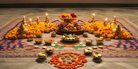 A vibrant festive arrangement with flowers, fruits, and lamps for celebration.