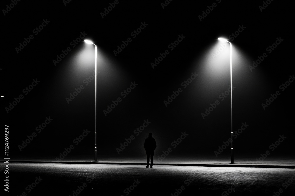 Aufkleber A person stands alone on an empty street, surrounded by shadows and illuminated by streetlights in the quiet of night. Generative AI