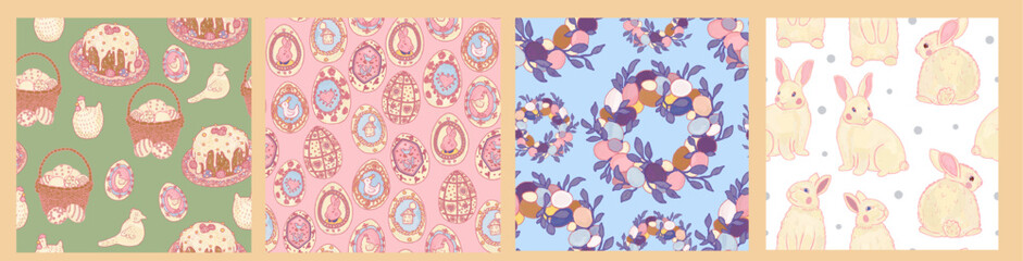 A set of seamless Easter patterns in a pastel color palette. Festive basket with eggs, cute chicken, white rabbit, Easter cake, cupcake, wreath. Spring ornament for background, wallpaper