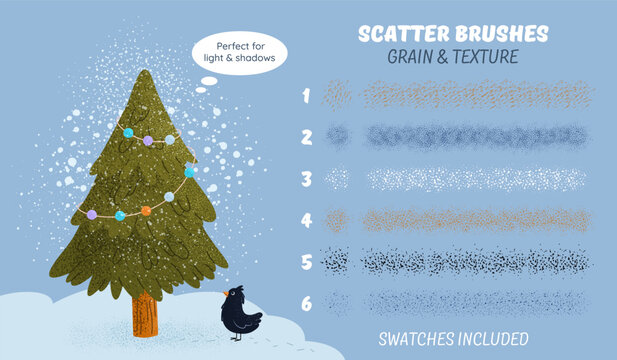 Grain scatter and texture vector brushes. Grunge strokes. Collection with noise effect, grunge textures, paint splashes for cozy illustrations. Design kit. Swatches included. Editable size and color.