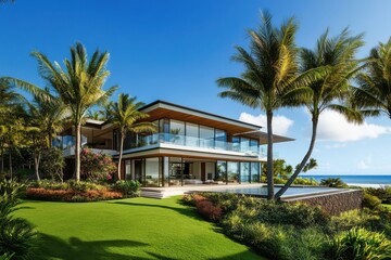 Fototapeta premium Modern luxury villa tropical paradise palm trees contemporary architecture glass walls
