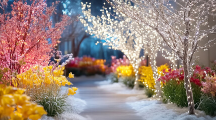 Enchanted Winter Garden with Frost Covered Flowers and Trees