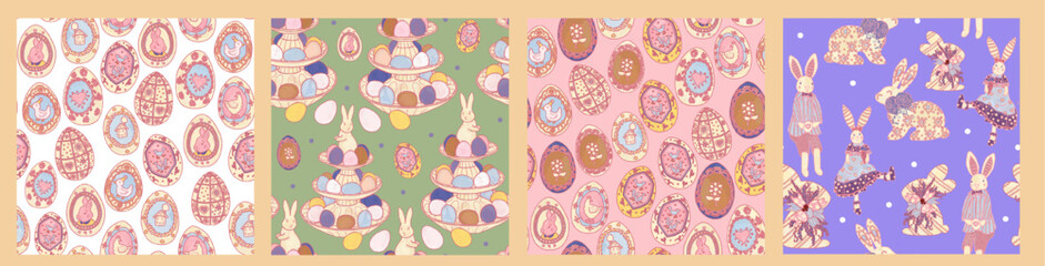 Set of pastel seamless hand-drawn Easter patterns. Cute rabbits and colored eggs. Seasonal festival provence wallpaper